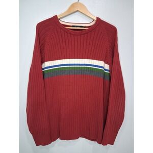 Planks Mens Red Ribbed Cotton Knit Striped Chest Crewneck Sweater L Raglan Y2K